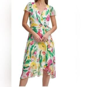 DKNY Floral Chiffon Midi Dress Faux Wrap Flutter Sleeve Pink Green 8